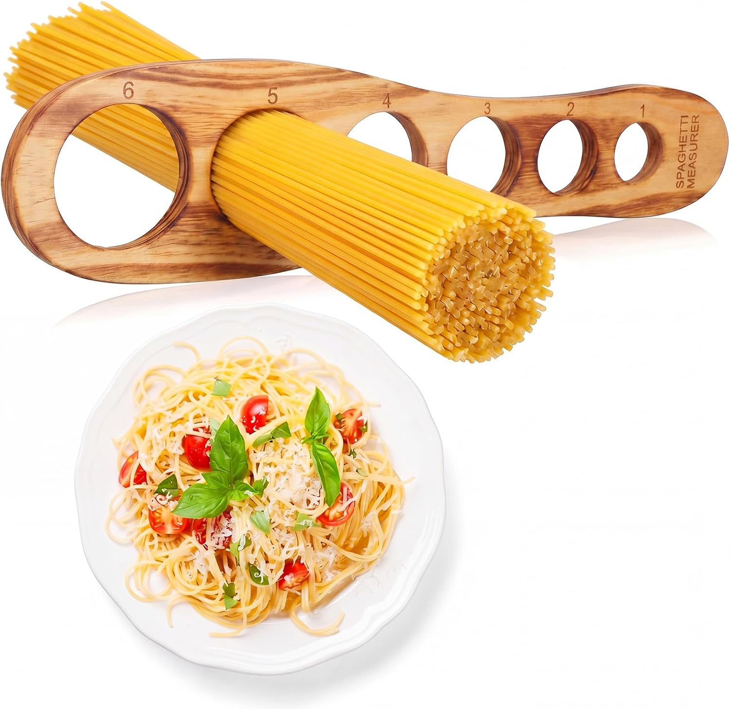 GlikCeil Wood Spaghetti Pasta Measurer Tool with 6 Serving Holes