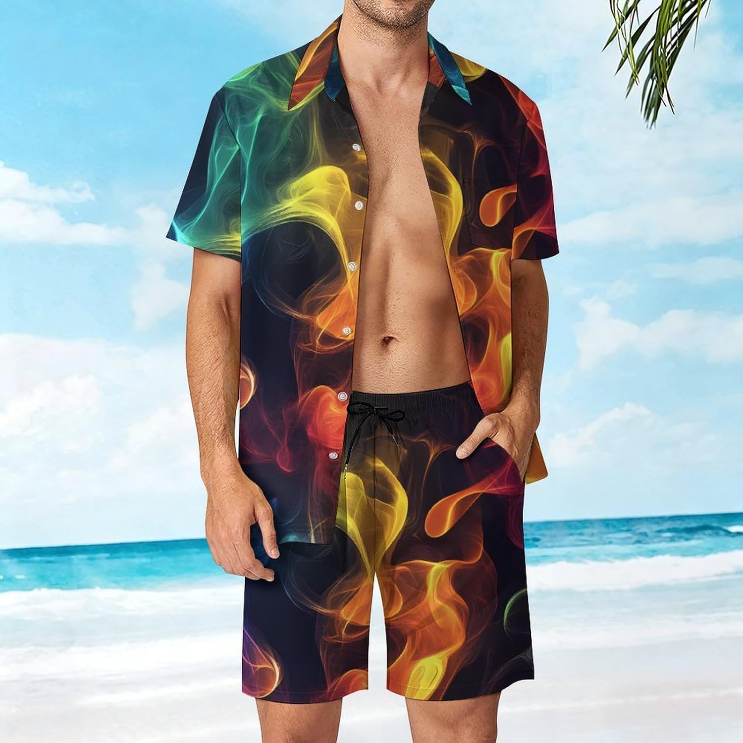 Fantasy Rainbow Smokes Men's Summer Beach 2 Piece Outfits | hawaiian button down shirt and shorts,vacation cruise,mens bathing suit