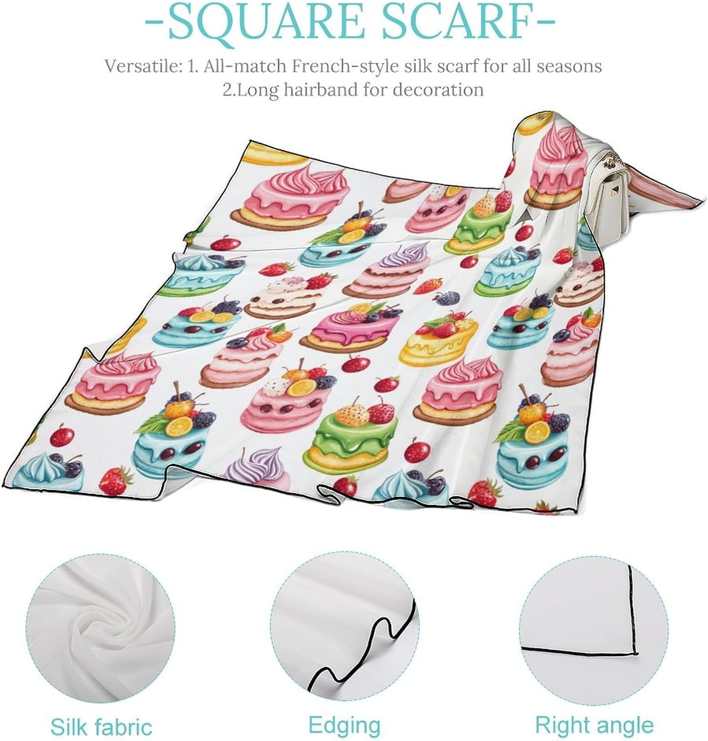 Strawberry Blueberry Cake Silk-Like Square Scarf for Women Vintage Printed Neck Scarf Bandanas Hair Scarves