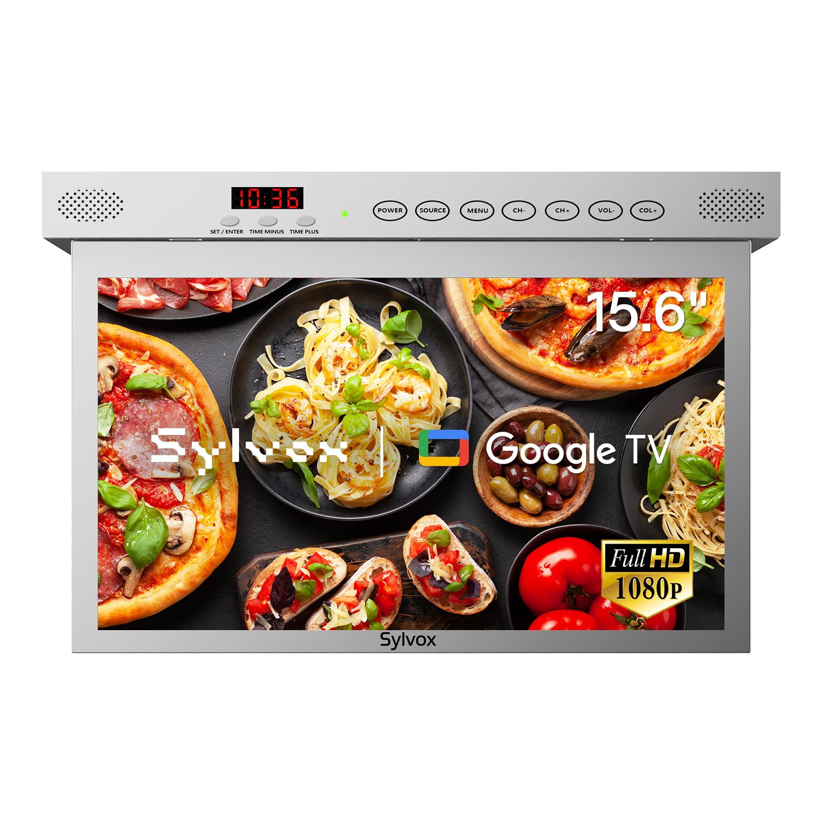 SYLVOX 15.6" TV per Cucina Ribaltabile,1080P FHD, Google 12V TV - Argento | Mini TV Pieghevole a 90°, Girevole ± 180°, DVB-T2/S2, HEVC 10 | USB | Kitchen Televisione per Camper, Camera