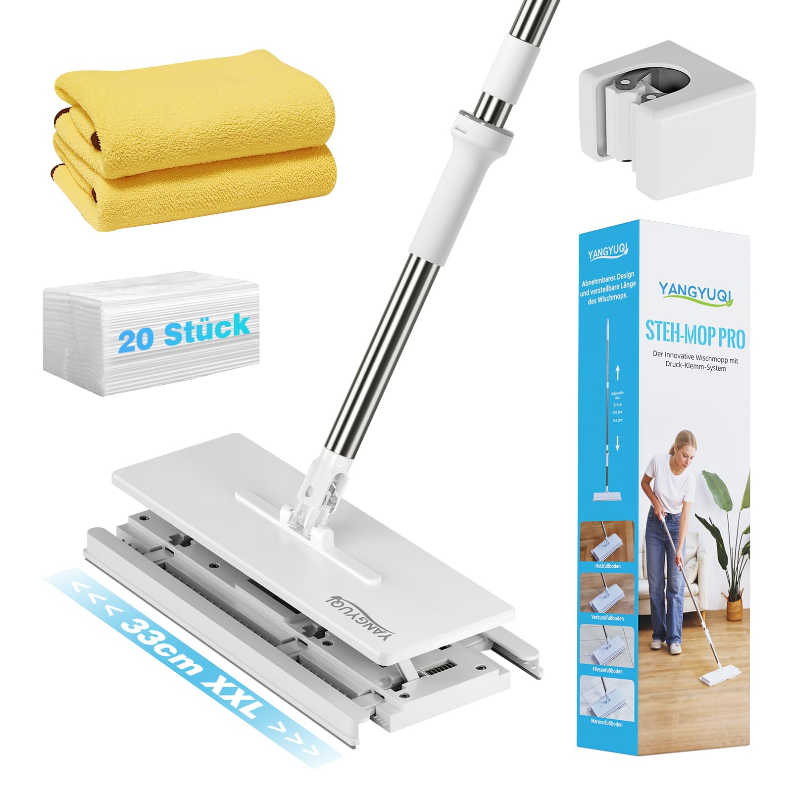 Wischmopp mit Druck-Klemm-System, Bodenwischer mit Automatischer Tuchklemme, Zero Touch Ein-Knopf-Wechsel Wischmopp mit 1 Mop-Halter und 2 Mikrofaser Bodentücher und 20 Staubtücher (Verbesserte, 33cm)