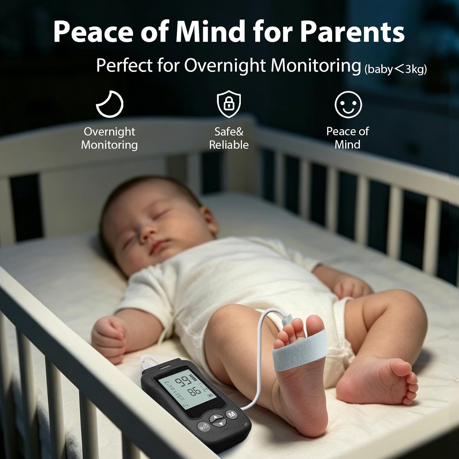 Overnight Pulse Oximeter Handheld, Continuous Pulse Oximeter Medical Grade Accuarcy SpO2 & Pulse Rate Pediatric Blood Oxygen Saturation Monitor Infant with Adjustable Alarms