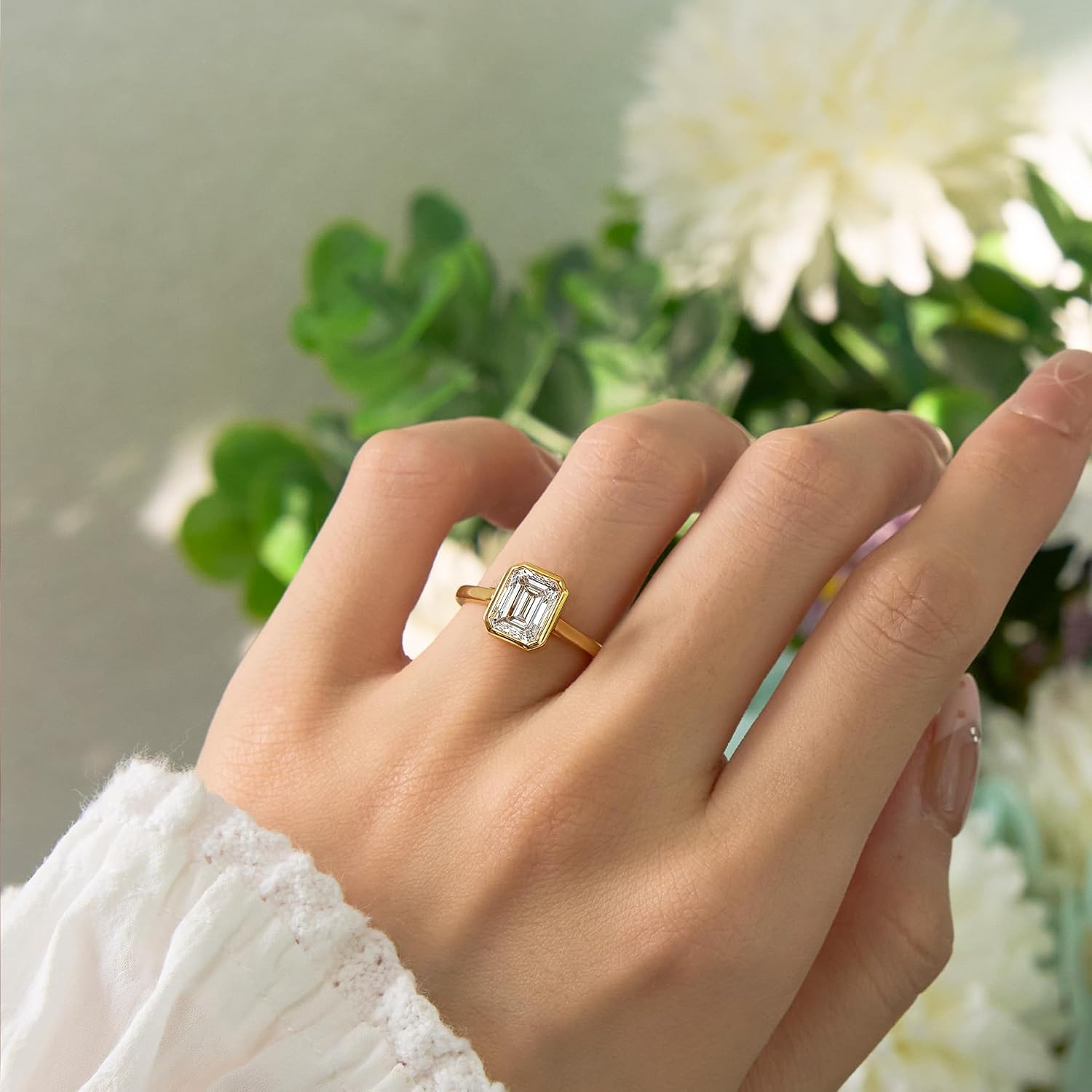 2CT Emerald Cut Moissanite engagement Ring for Women - GRA Certified D Color VVS1, 14K Gold Plated Sterling Silver bezel set moissanite Promise Ring