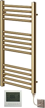 Electric Brushed Brass Straight Heated Towel Rail 400mm Wide x 800mm High Flat Towel Radiator + Timer and Thermostat