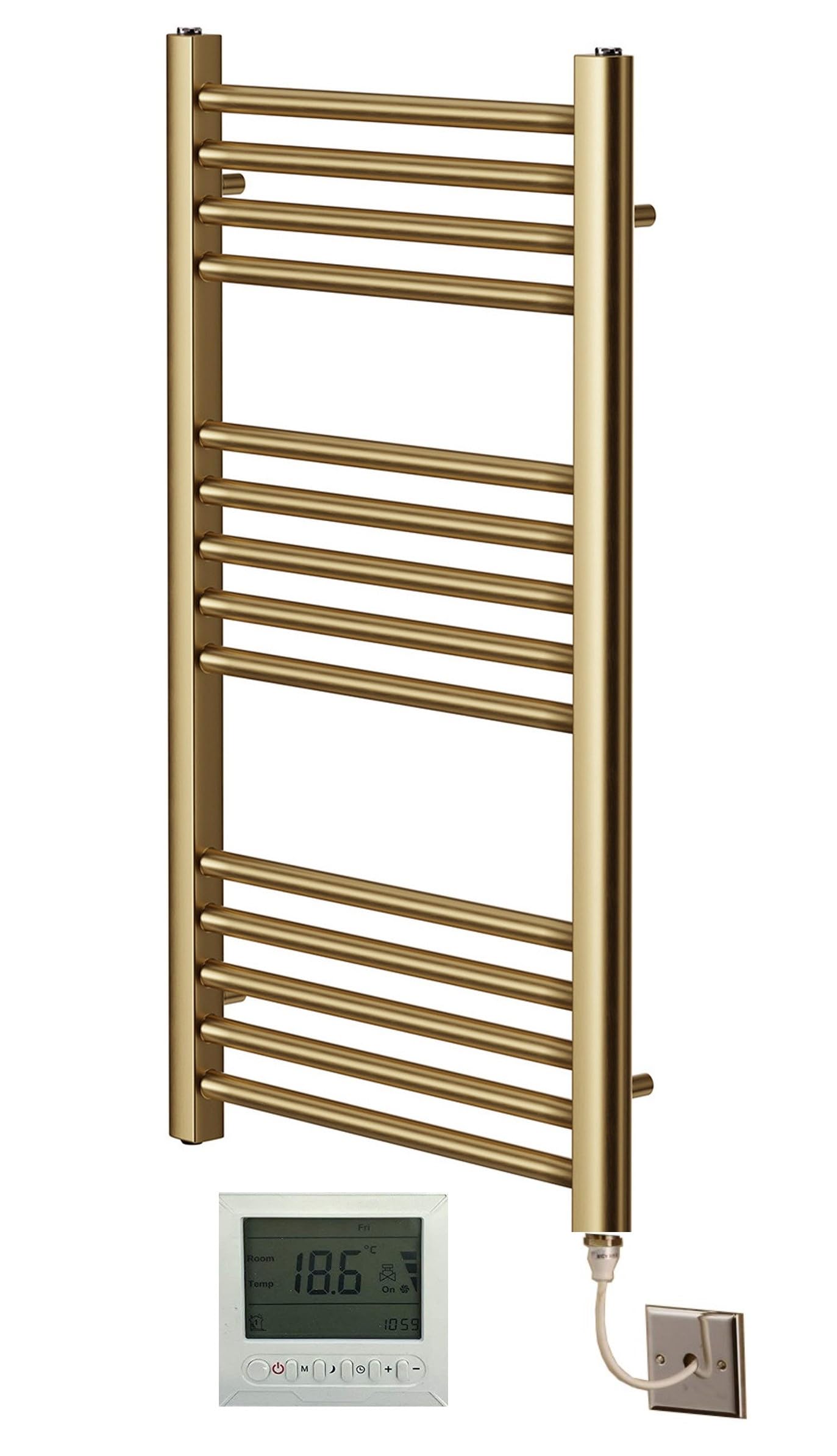 Porte-serviettes électrique en laiton brossé droit chauffant de 400 mm de large x 800 mm de haut avec radiateur plat + minuterie et thermostat