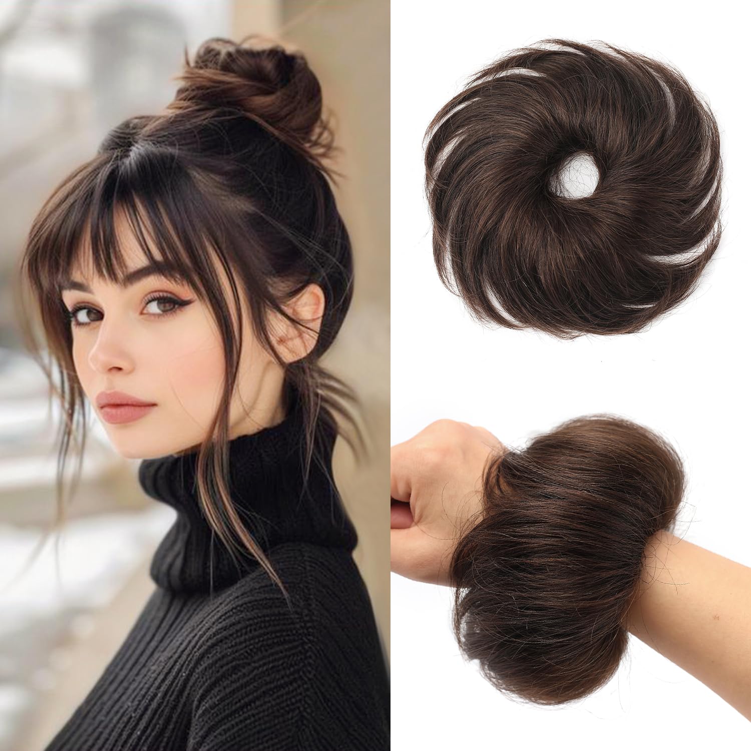 Messy Bun Hair Piece Human Hair Natural Curly Dark Brown Tousled Smooth Stretchy Fluffy Donut Updo Elastic Rubber Band Human Hair Chignons Scrunchies Hair Bun(1 Count #2 Darkest Brown)