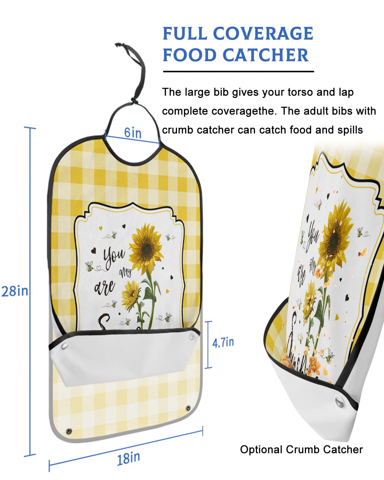 Sunflower Adult Bibs for Eating, Waterproof Bibs with Food Catcher & Adjustable Snap Closure, Farmhouse Yellow Plaid Spring Floral Summer Bee Clothing Protectors Adult Bibs for Elderly Women/Men