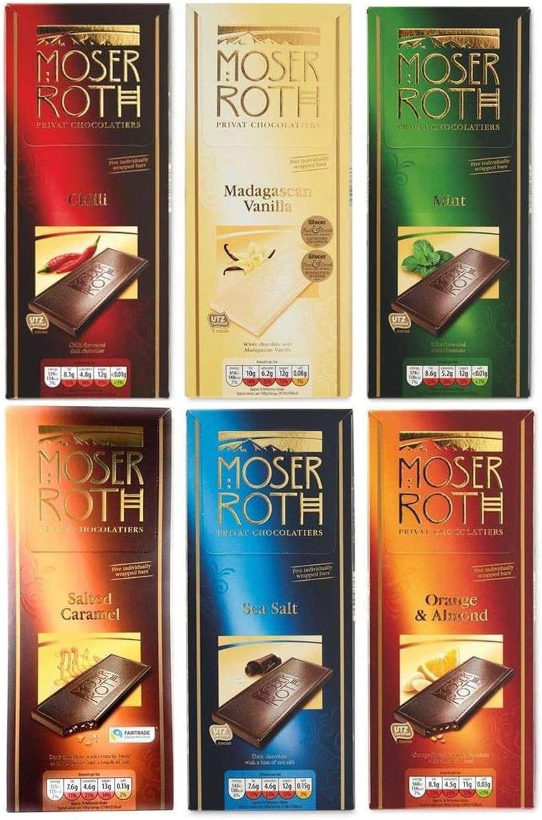 Aldi Moser Roth White & Dark Chocolate Bar | 125g x 6 | Chilli | Madagascan Vanilla | Mint | Salted Caramel | Sea Salt | Orange & Almond | 30 Individually Wrapped Bars | Vegetarian | Fairtrade Cocoa