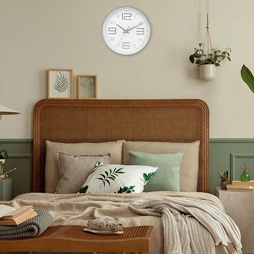 Miniatura 6 de PATIKIL Relojes de pared de cuarzo de 8 pulgadas, funciona con pilas, silenciosos, sin tictac, números 3D, relojes de pared redondos decorativos