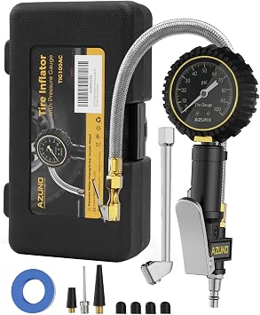 Analog Tire Inflator Gauge with Steel Braided Hose, 100 PSI Mechanical Tire Pressure Gauge 3-in-1 Inflate/Deflate/Measure, 2.6" Glow Dial, Air Chuck for Car, Truck, SUV, RV, Bike with Case