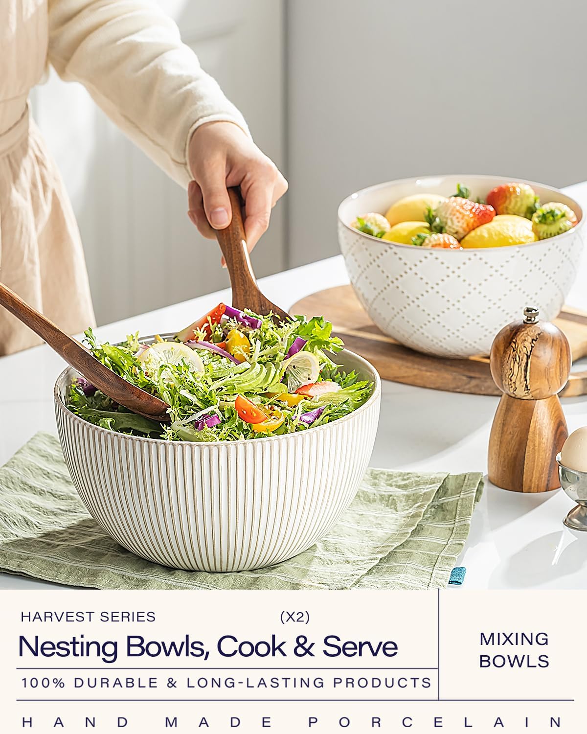 getstar Deep Ceramic Mixing Bowl Set of 2(8.7"/7.5"), 3&1.8 Qt Large Salad Serving Bowls Vintage Nesting Mixing Bowls for Cooking, Baking, Prepping, Microwave and Dishwasher Safe