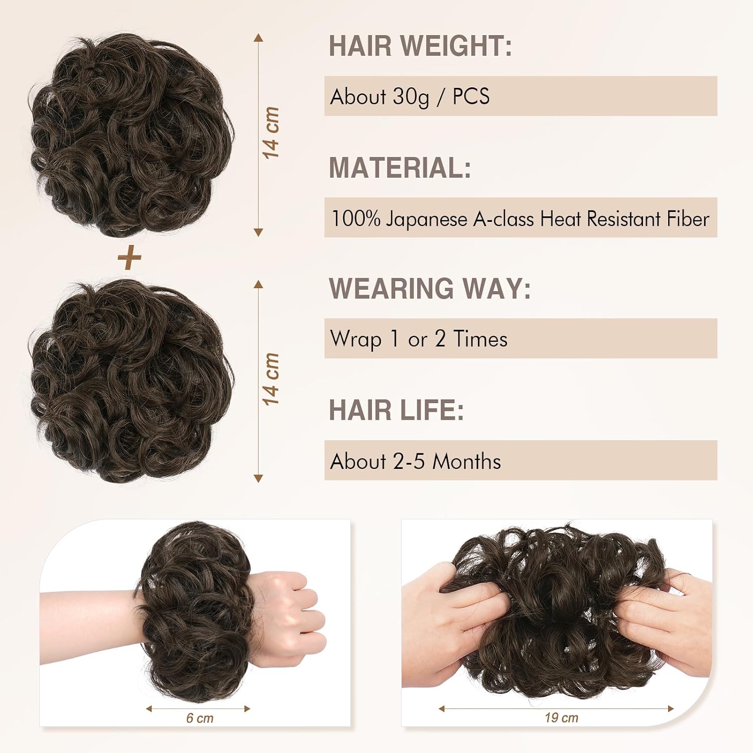 SOFEIYAN 2PCS Small Messy Bun Hair Pieces for Thin Hair to Add Volume Synthetic Curly Bun Scrunchies with Elastic Band Lightweight Updo Hairpieces for Women Daily Use - Pepper Grey