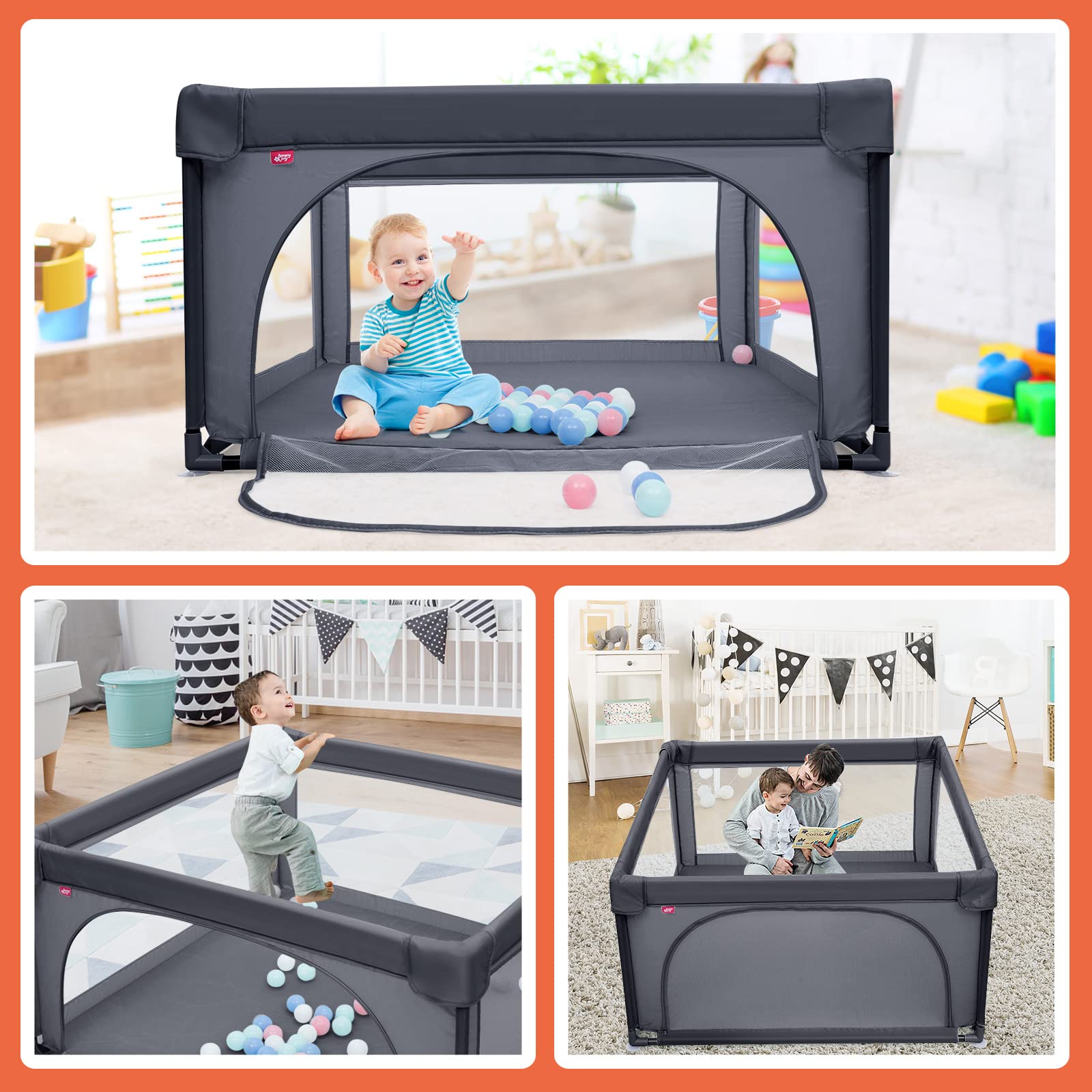COSTWAY Box per Bambini, Centro Attività Portatile con Cancelli di Sicurezza, Recinto Resistente con Ventose Antiscivolo e Pareti a Rete Traspirante, Cancello per Giocare con 50 Palline (Grigio Scuro)