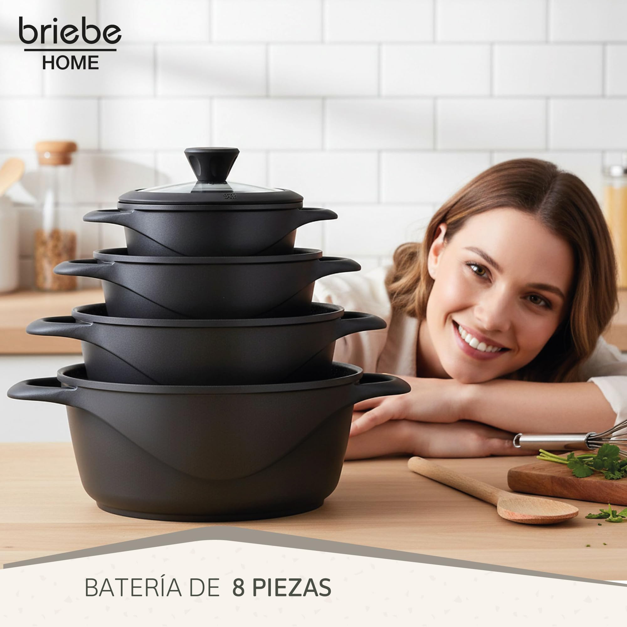 briebe Batería Cocina Inducción 8 Piezas, Juego 4 Ollas Aluminio Fundido, Antiadherente ILAG GRANITEC sin PFOA, Set Cazuelas Tapas Cristal, Guantes Silicona, Vitrocerámica, Gas, Horno.