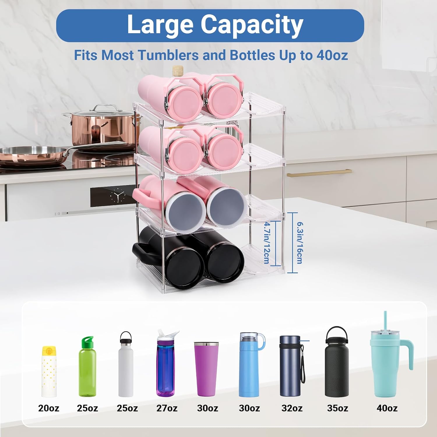 Higher Compartment - Stackable Water Bottle Organizer for Cabinet, 4 Tier Hold 12, Clear Plastic Water Bottle Storage Organizer for Pantry, Fridge, High Enough for 40oz Tumbler with Handle, Wine