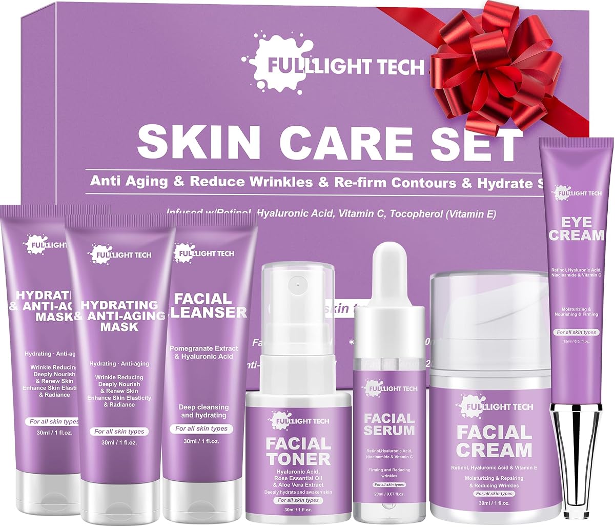 Skin Care Set,7 PCS Anti-aging,Firm Skin Care Kit,Women Skincare Gift Set W/ Facial Mask, Cleanser, Toner, Serum, Face Cream Travel-friendly Women Face Care Mom Gifts for Christmas Birthday Valentines