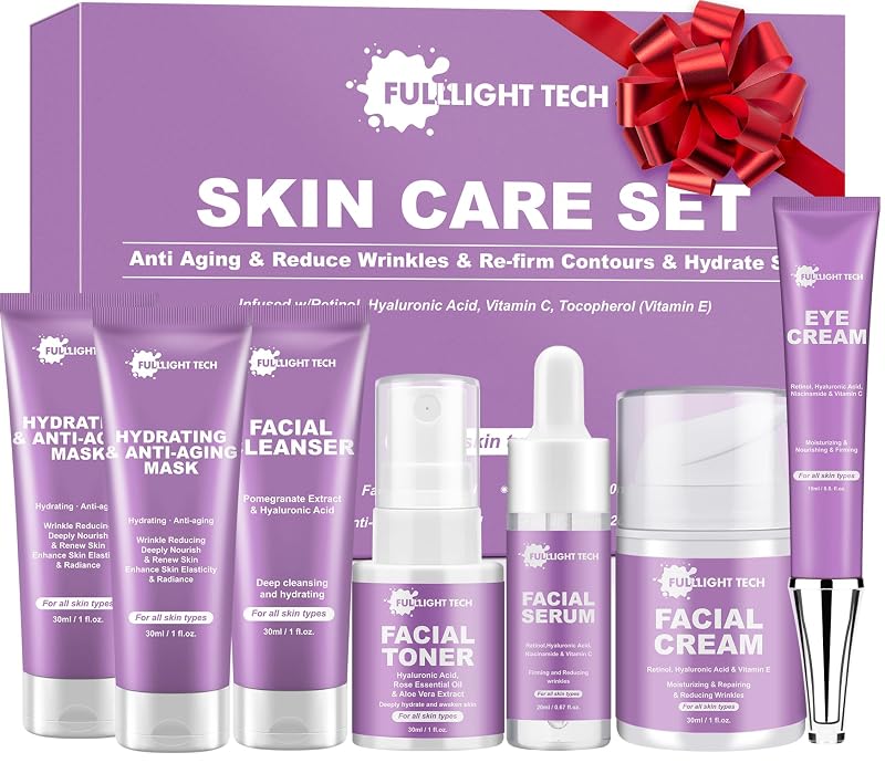 Conjunto de cuidados faciais FULLLIGHT TECH com 7 peças, incluindo limpador, tônico, sérum, creme facial, creme para os olhos e máscaras