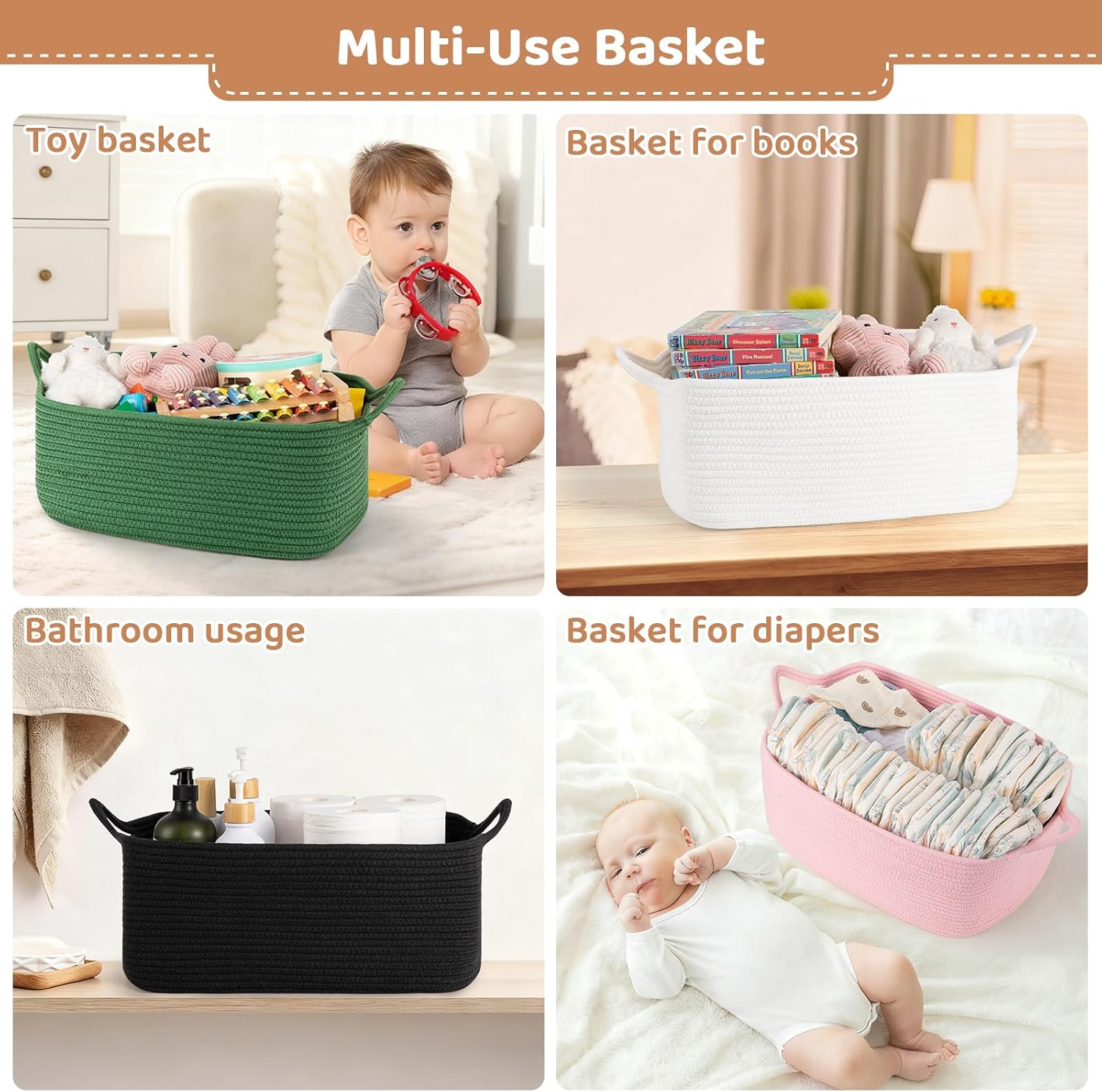 OIASKET Large Empty Gift Baskets for Baby Shower, 16.5" L x 12.6" W x 7" H Cute Woven Storage Basket with Gift Bags and Ribbons, Small Rope Toy Basket with Handles, Cat Dog Pet Toy Organizer - Green