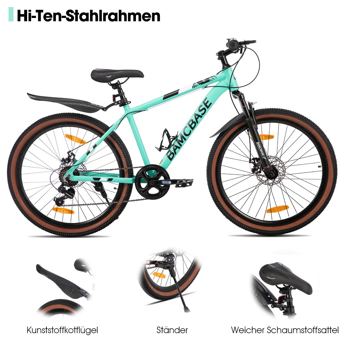 HILAND Bloomer Rower górski 26", MTB, męski i damski, 7-biegowy rower z mechanicznym hamulcem tarczowym, aluminiowa rama Hardtail, uniseks, dla dorosłych, kolor zielony
