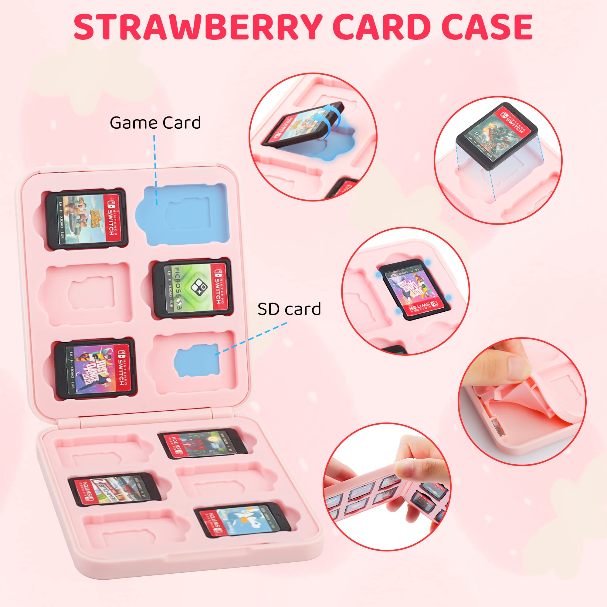GLDRAM Custodia da trasporto rosa fragola per Nintendo Switch e modello OLED, protezione da viaggio portatile con custodia per carte da gioco, tracolla e 2 tappi per pollice, set di accessori per