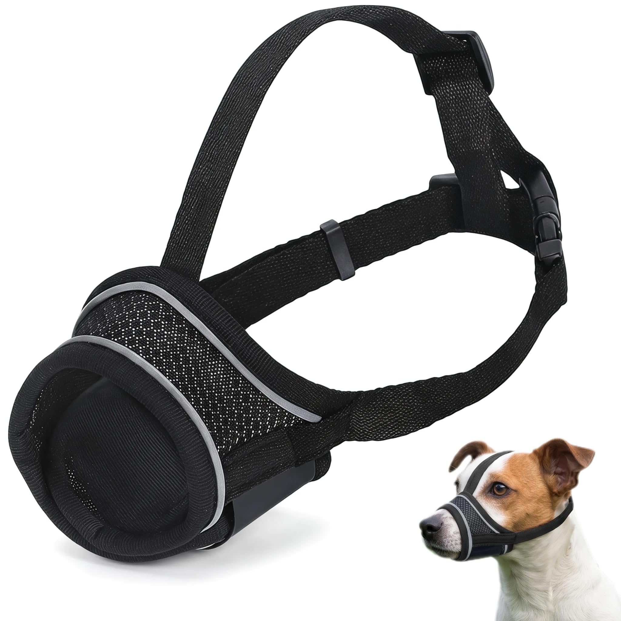 ROVENLIFEGO Dog Muzzle for Small Medium, Adjustable Soft Breathable Nylon Mesh Muzzles to Prevent Biting Barking Chewing Licking, Reflective Safety Dog Mouth Cover for Walking Training