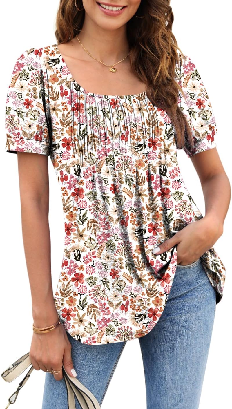 Zwurew Women's Summer Casual Puff Short Sleeve T-Shirts Square Neck Pleated Flowy Trendy Tunic Tops for Leggings S-2XL - Image 4