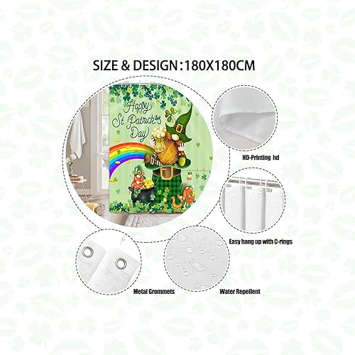 Miniatura 3 de Wathon Cortina de ducha para el día de San Patricio bonita cortina de ducha con gnomo irlandés de San Patricio con trébol verde moneda dorada globo