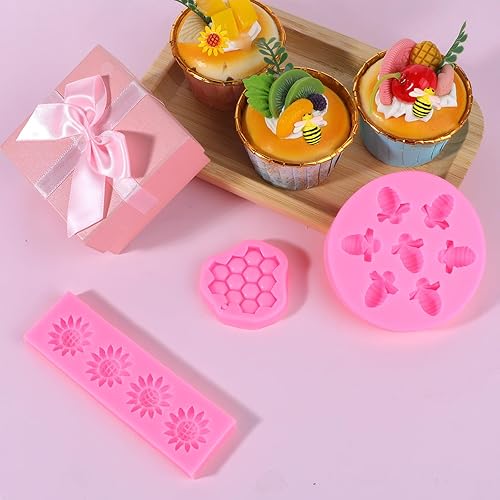 Miniatura 5 de 4 moldes de silicona de abeja de panal, moldes de abeja de fondant rosa, moldes de girasol y abeja para fiesta de cumpleaños, decoración de