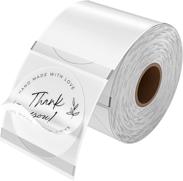 MUNBYN 50x50mm Transparent Round Thermal Sticker Labels, Self Adhesive Round Direct Thermal Labels, Multipurpose Roll Sticker Labels for DIY Logo Design, QR Code, Name Tags- 500 Labels/1 Roll
