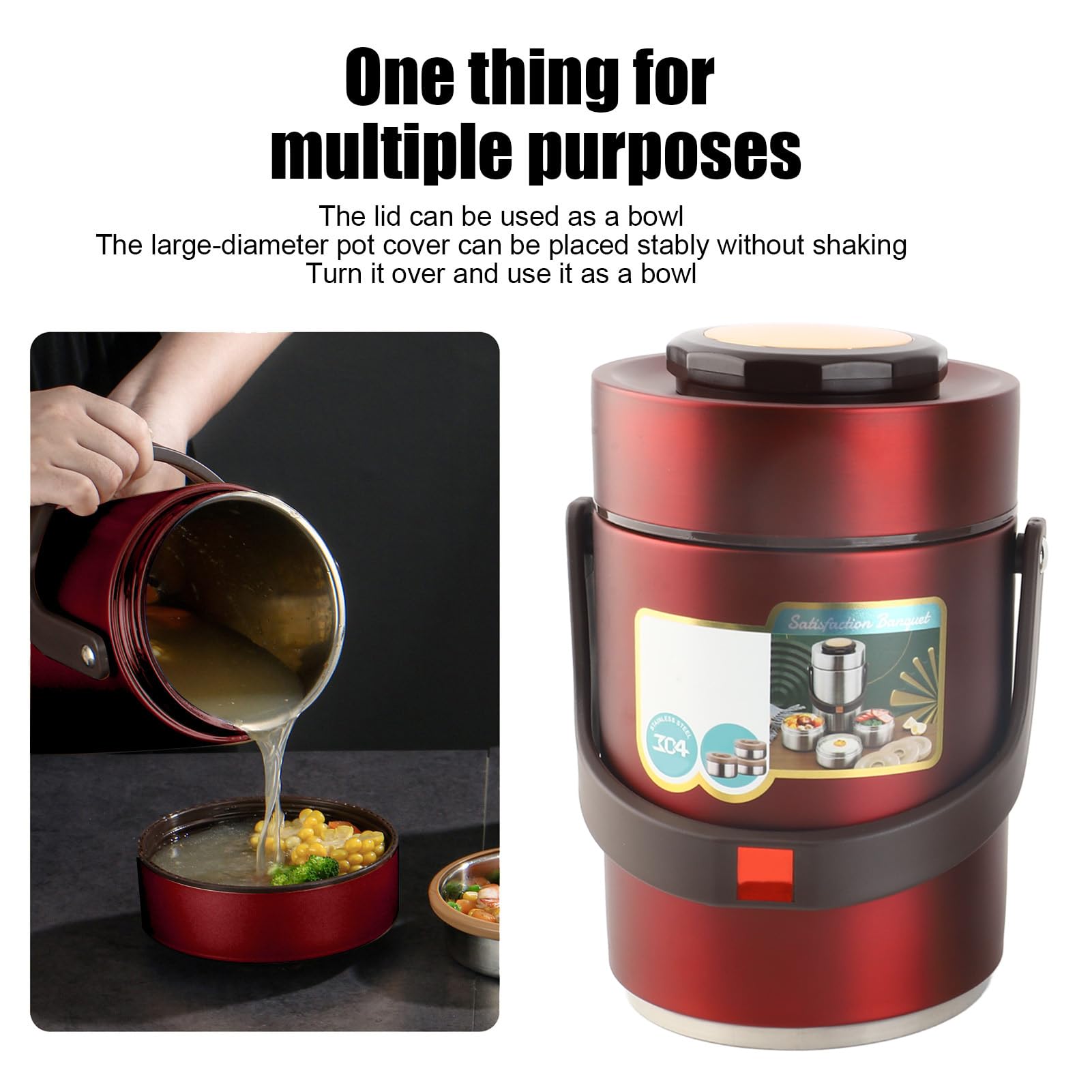 BuyWeek Thermos per Alimenti Caldi, 2000 ml Contenitore Termico per Alimenti in Acciaio Inossidabile Impilabili Contenitore per il Pranzo Isolato a 3 Strati (Rosso)