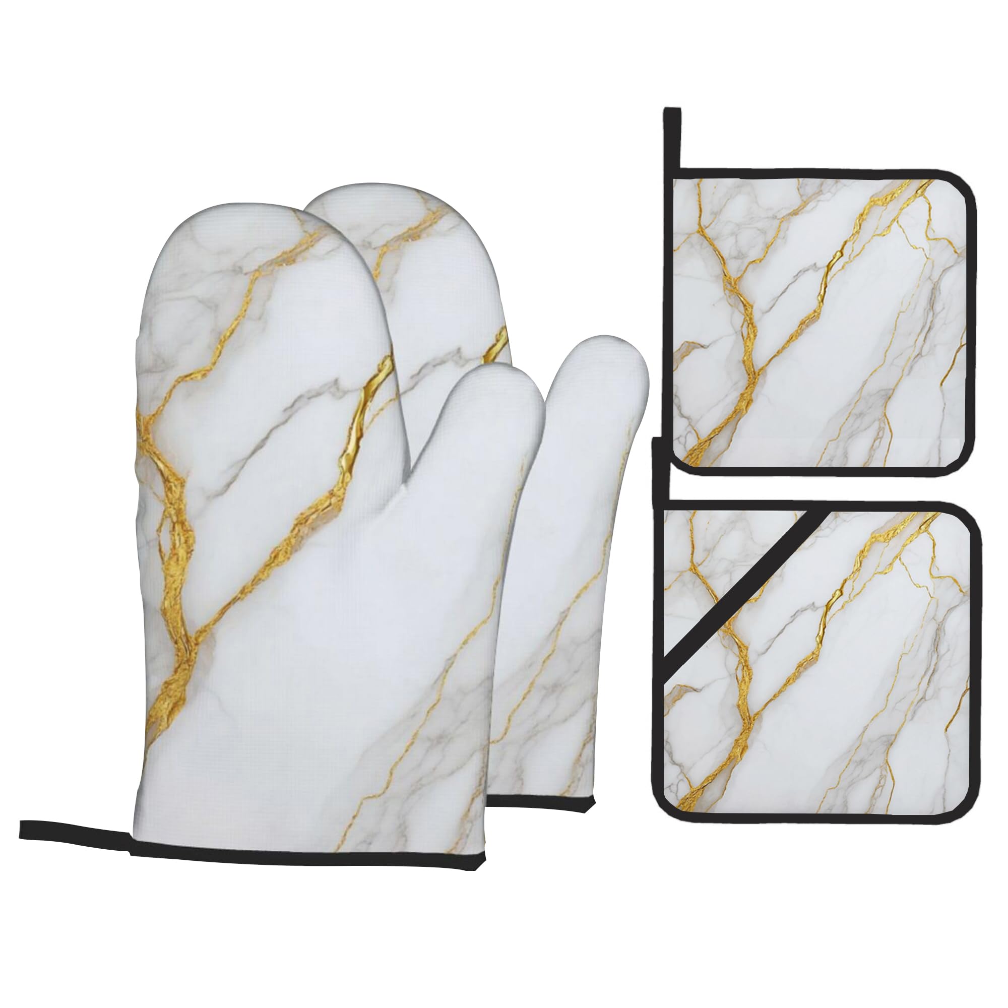 Ofenhandschuhe und Topflappen, Weißgold, Marmor, Küchenhandschuhe, Topflappen, 4er-Set, hitzebeständiger Griff für Koch, Kochen, Backen, Grillen, Grillen