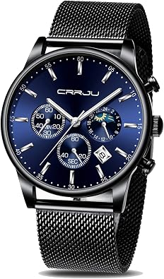 CRRJU Mens Fashion Casual Watches Auto Date Chronograph Watch Men Nice Work Watches Waterproof 30M Full Steel Quartz with Mesh Strap