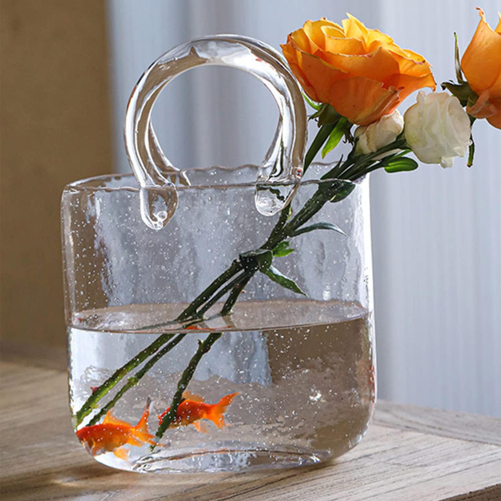 Hand Blown Glass Vase with Unique Design, Clear Purse Shape Flower Vase Handbag Shaped Fish Bowl Vase with Handles for Floral Arrangement, Centerpiece & Home Decor (Vase Only)