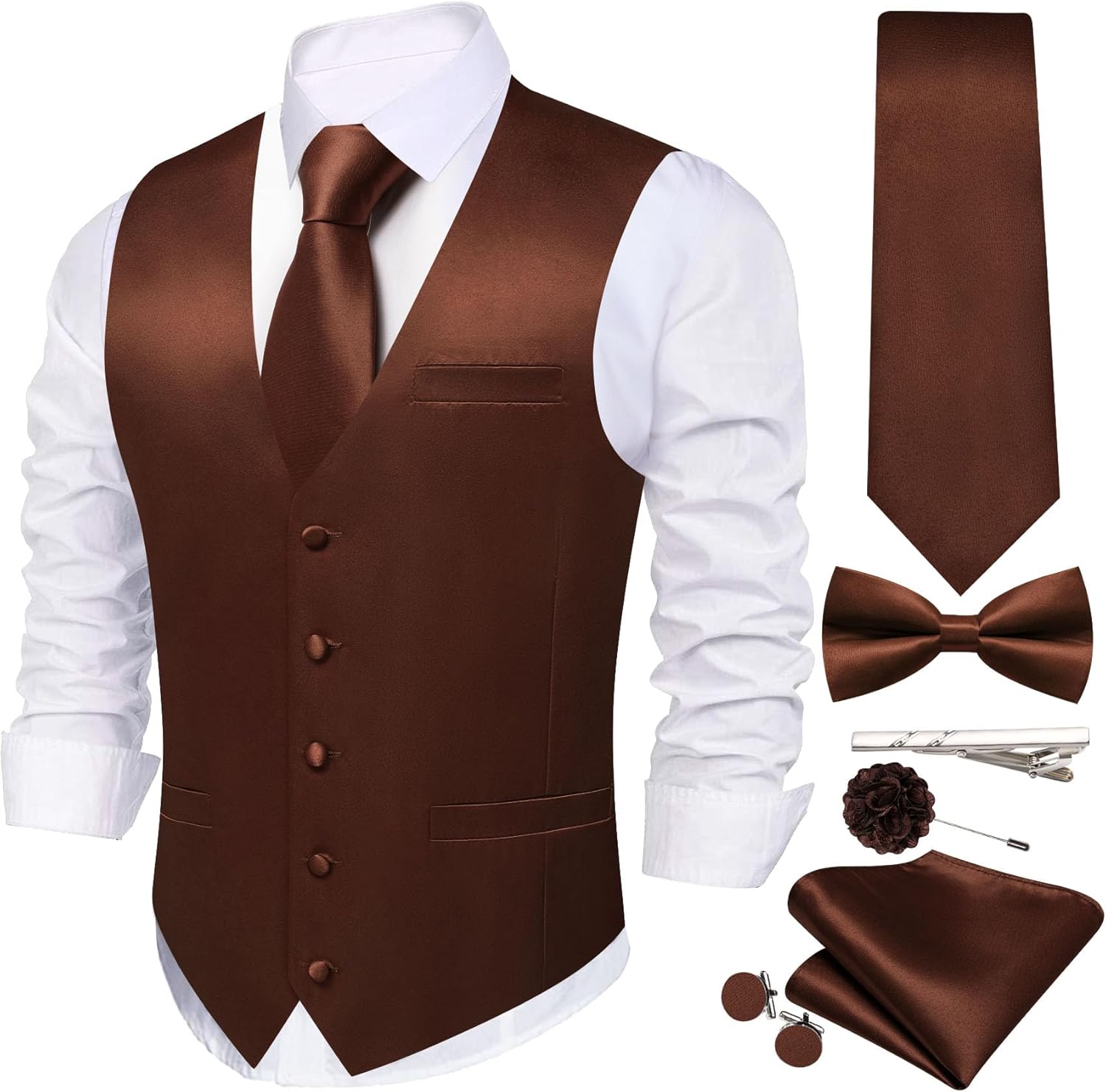 Men's Vest Tie Set Bow Tie Satin V-Neck Solid Colors Suit Waistcoat Cufflinks hanky Formal Wedding Business Tuxedo