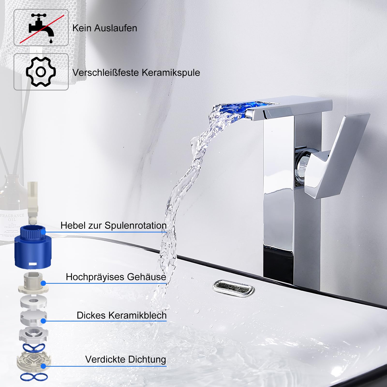 Wasserhahn Bad LED(keine Batterie erforderlich), KEOKBON Hoch Wasserfall Waschtischarmatur Armaturen mit Auslaufhöhe von 226 MM High, Einhebelmischer Mischbatterie für Waschbecken im Bad, Chrom