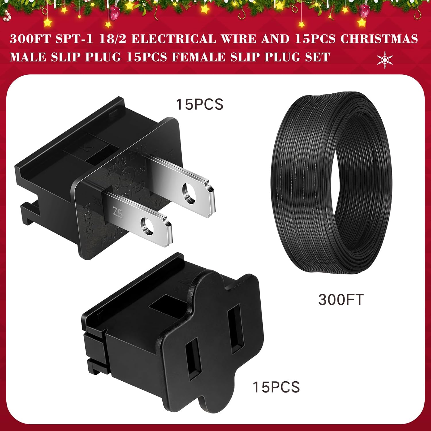 Relaxweex 18/2 Electrical Wire with Extra Vampire PlugsChristmas 18 Awg Extension Wire Landscape for Christmas Lights Outdoor Decoration(300 ft,SPT-1,Black)