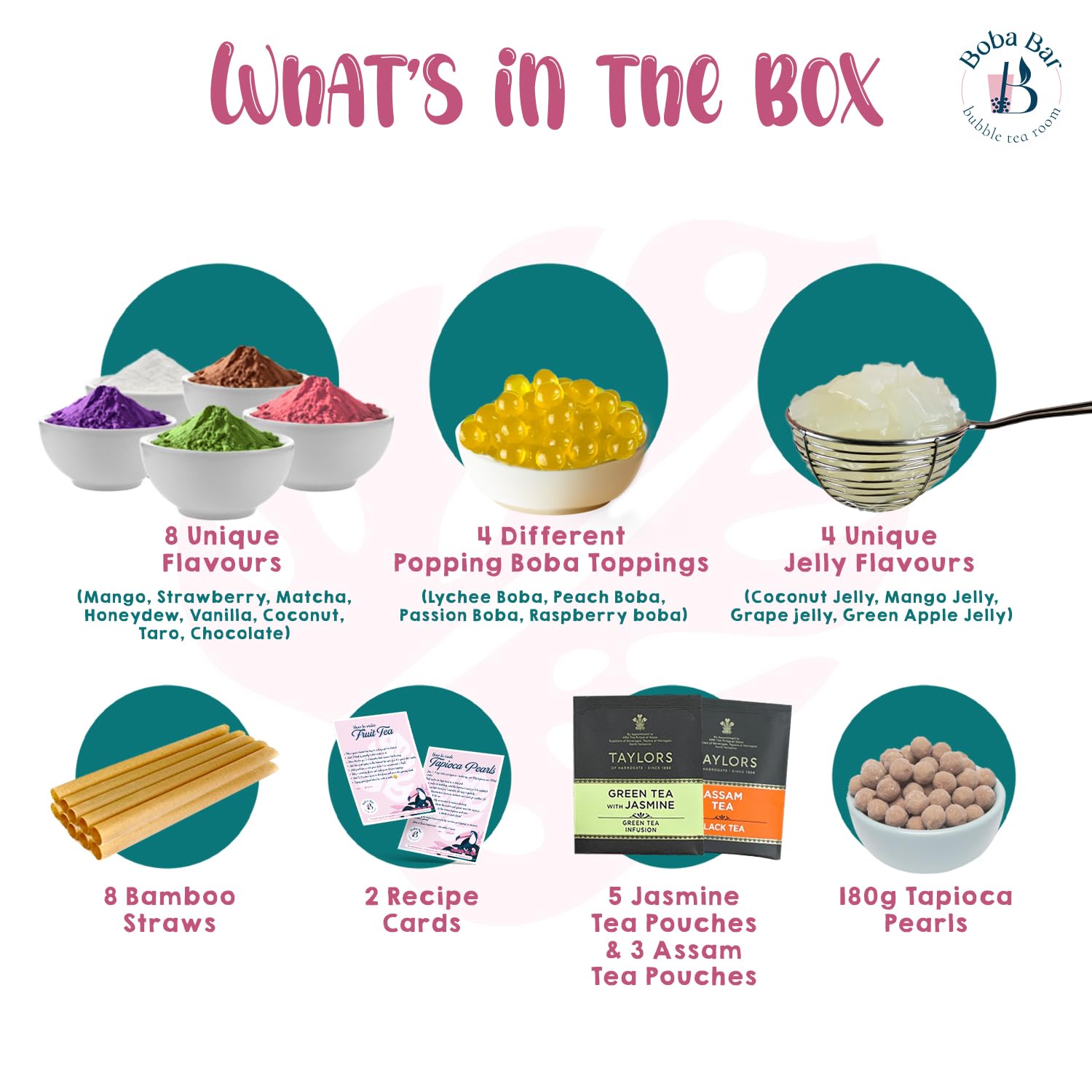 Kit de Té de Burbujas de Leche | 8 Sabores, 8 Boba & Jelly (8 Porciones) | Bolsas de Té Verde y Assam | 2 Tarjetas de Recetas de Boba Bar London