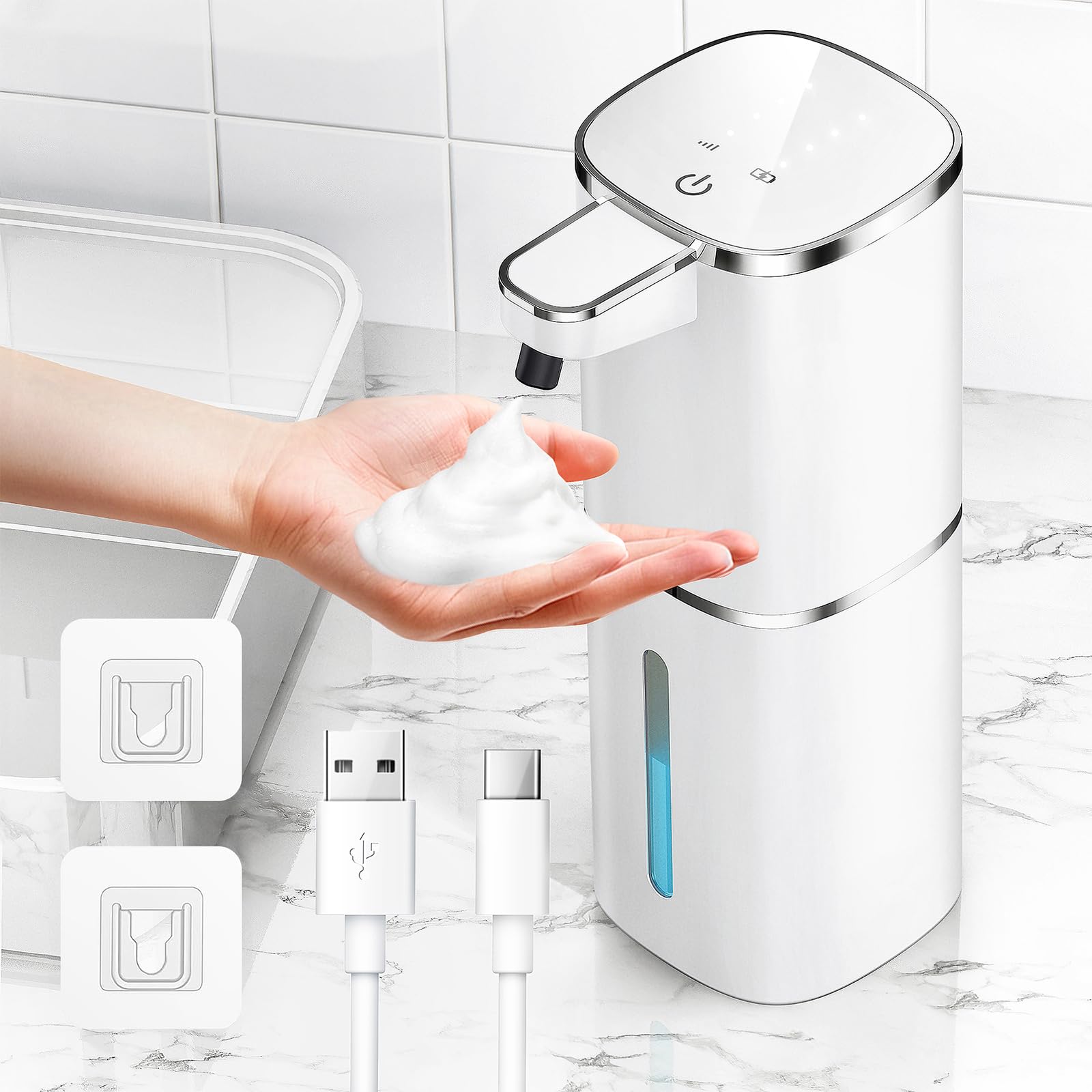 Seifenspender Automatisch Wandbefestigung,400ml Elektrischer Seifenspender mit Sensor Infrarot USB Wiederaufladbar,IPX5 Wasserdicht Seifenschaumspender für Küchen,Bad,Schule,Hotel