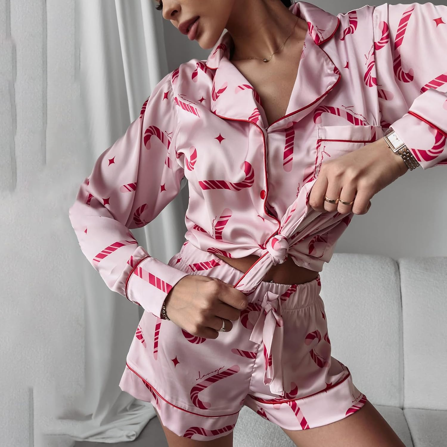 Tenopuli Women Christmas Pajamas Shorts Set 2 Piece Long Sleeve Button Down Shirt Cute V Neck Candy Cane Lounge Sleepwear - Image 2