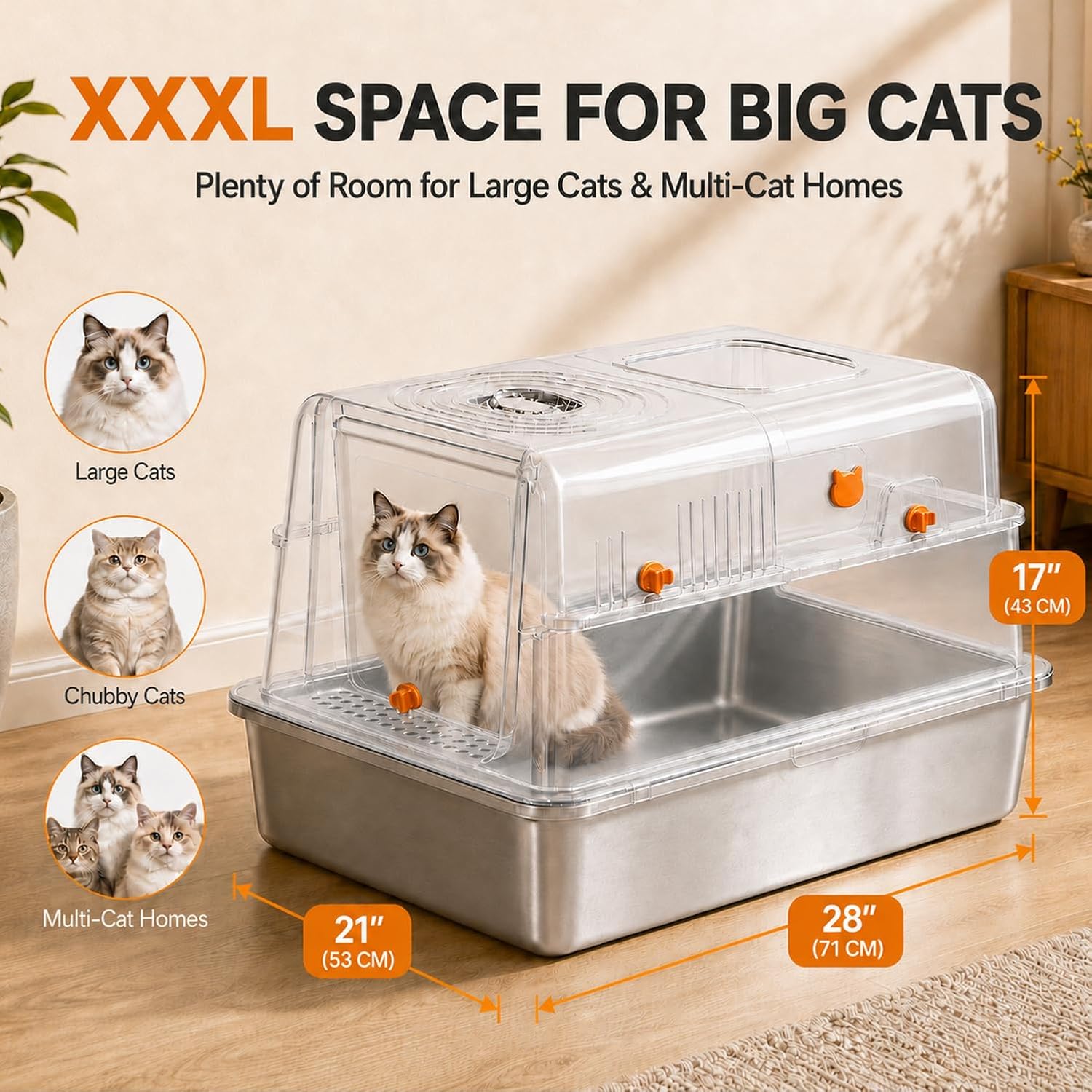 XXXL Stainless Steel Litter Box with Lid for Big Cats image 2