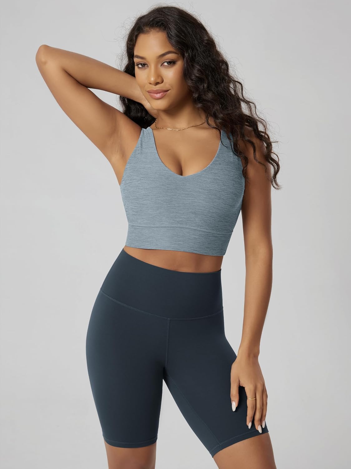 ODODOS Women's Longline U-Back Sports Bra, odSTRATUM Tech Ultra-Soft UPF 50+ V-Neck Yoga Crop Top with Removable Pads
