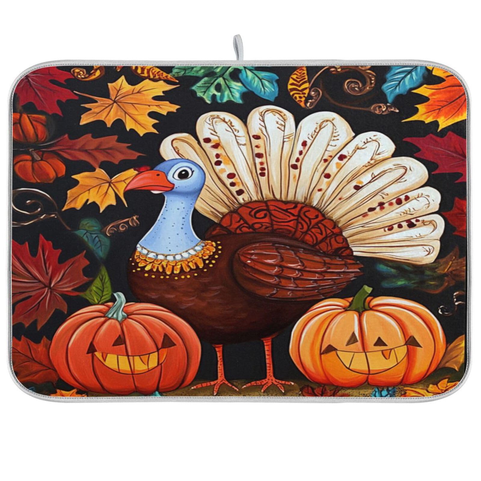 Thanksgiving Pumpkins Turkey Dish Drying Mat For Kitchen Fall Maple Leaves Microfiber Drying Mats Absorbent Dish Pad Drainer Rack Mats Decors Coffee Bar Mat Medium 16X18 Inch