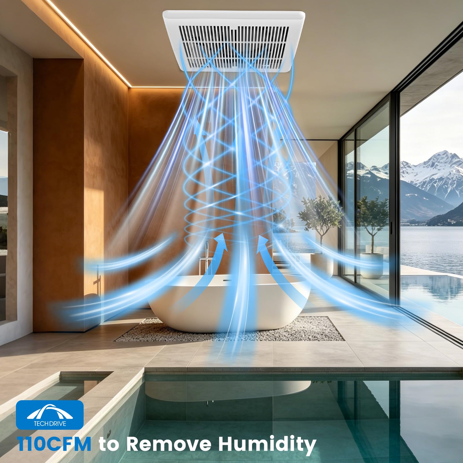 Tech Drive Ventilatore da bagno 110 CFM, 1.2Sone Nessun accesso alla soffitta Necessario Installazione, Ventilazione del bagno molto silenziosa e ventilatore di scarico, Ventilatore montato a