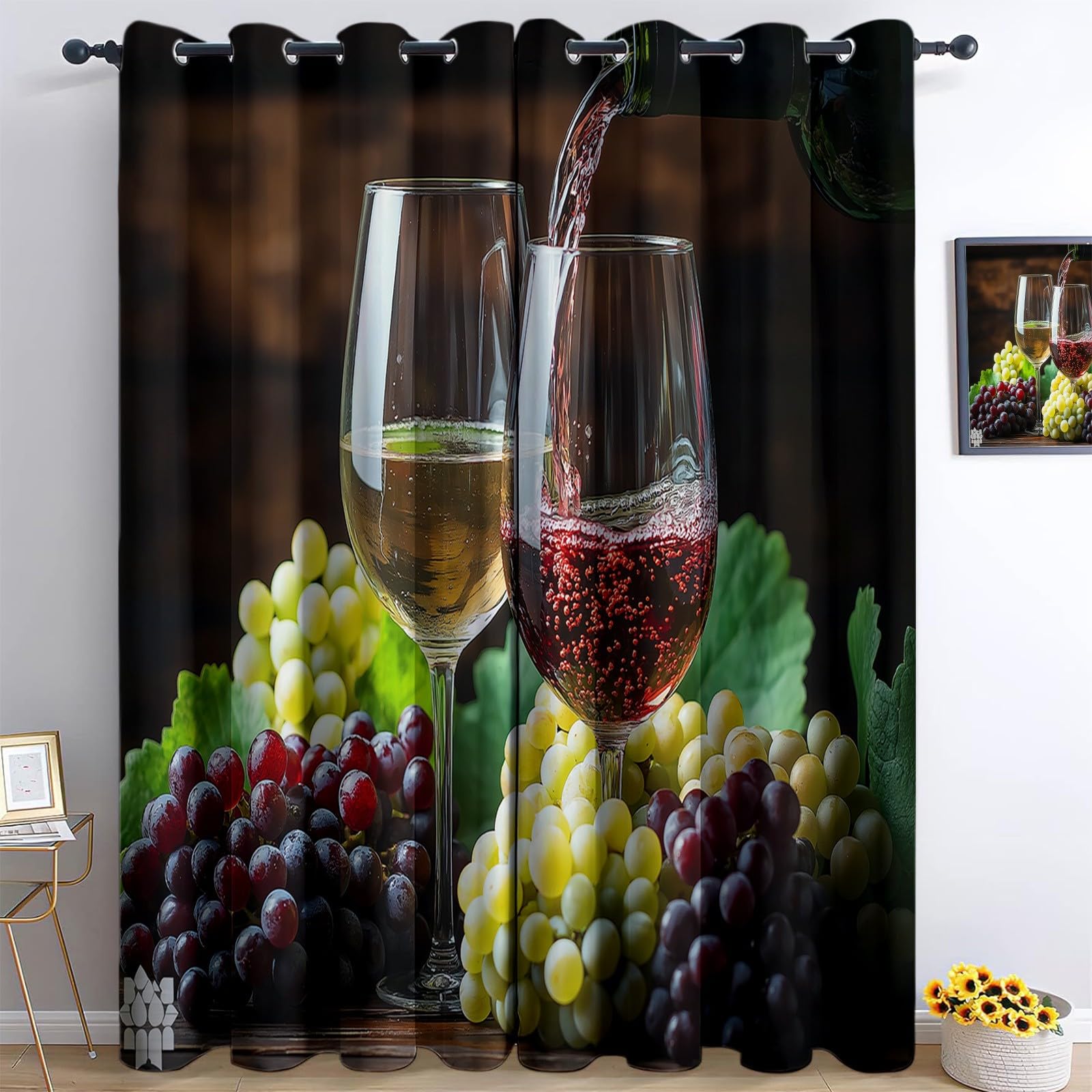 2 panele Zasłony zaciemniające 91,5 x 214 cm, drewniane winogrona z nadrukiem zasłony z oczkami dla dziewczynek chłopców do salonu, dekoracja sypialni, miękka i odporna na zmarszczki, kolor