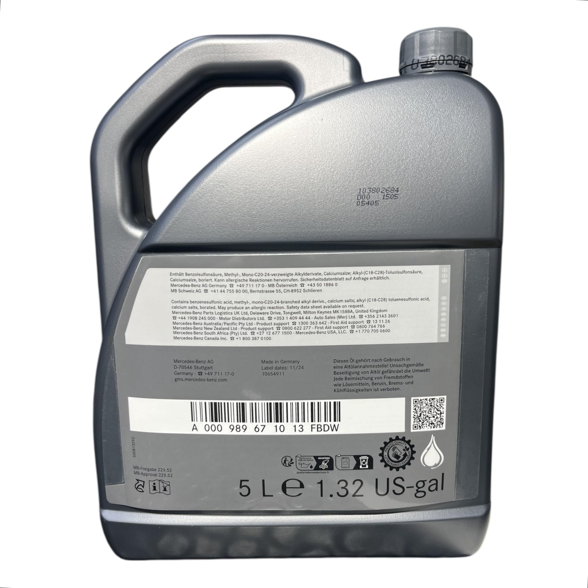 Aceite de Motor Original de Mercedes Benz SAE 5W-30 MB 229.52 5L