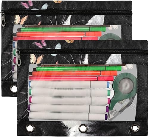 Miniatura 2 de Kcldeci Estuche para lápices para carpeta de 3 anillos con ventana transparente, retrato de gato y mariposas