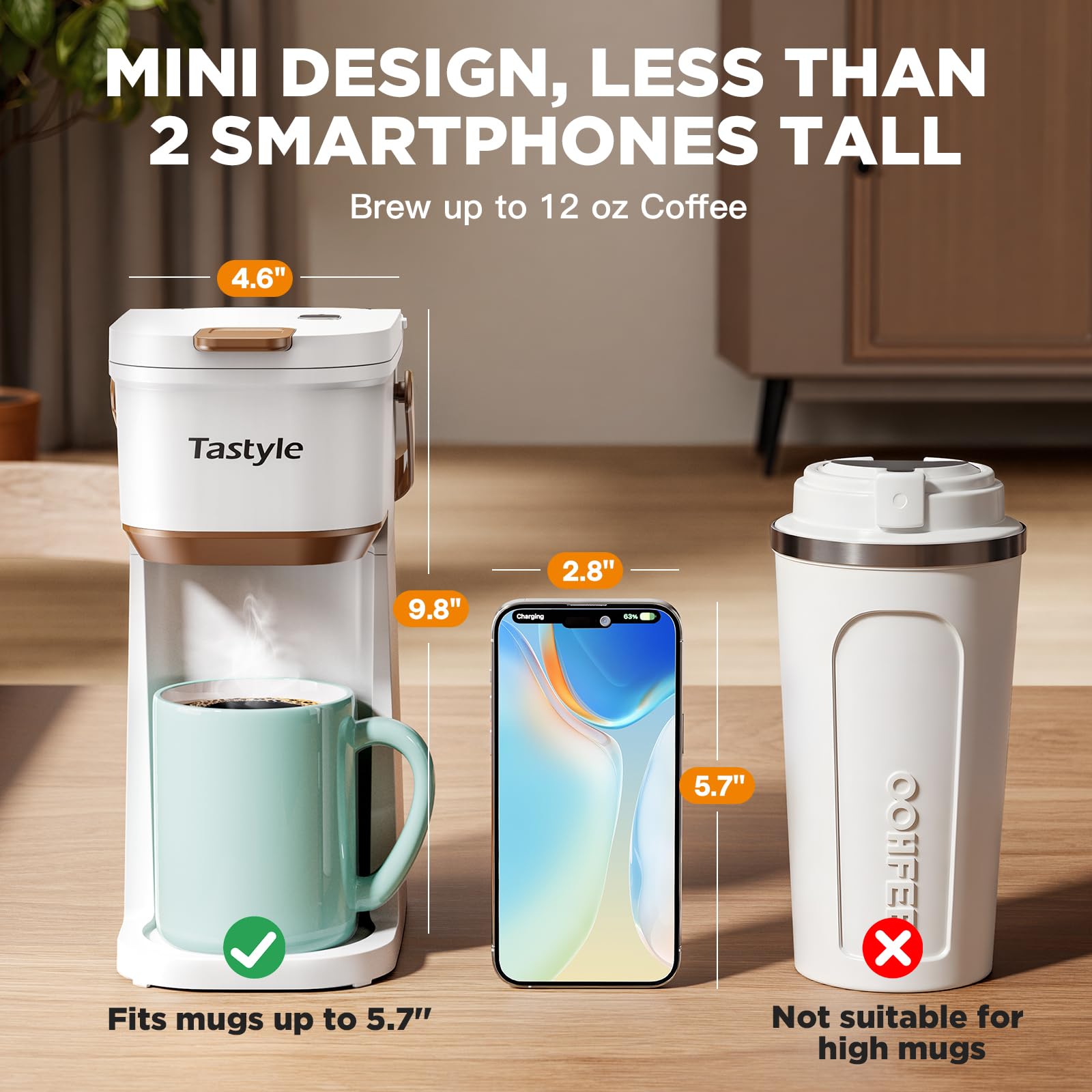 Tastyle Caffettiera a tazza singola per capsule K Cups e caffè macinato, mini macchina da caffè con manico portatile, dimensioni di preparazione da 6 a 12 once, per viaggi, campeggio, ufficio, camper