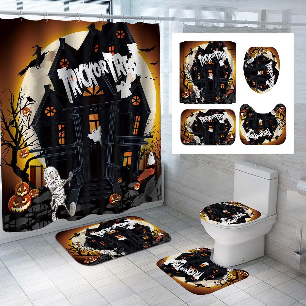 Halloween Shower Curtain Sets with Non-Slip Rugs, Toilet Lid Cover and Bath Mat, Haunted House Pumpkin Shower Curtains with 12 Hooks, Waterproof Bathroom Decor Sets with Curtain and Rugs