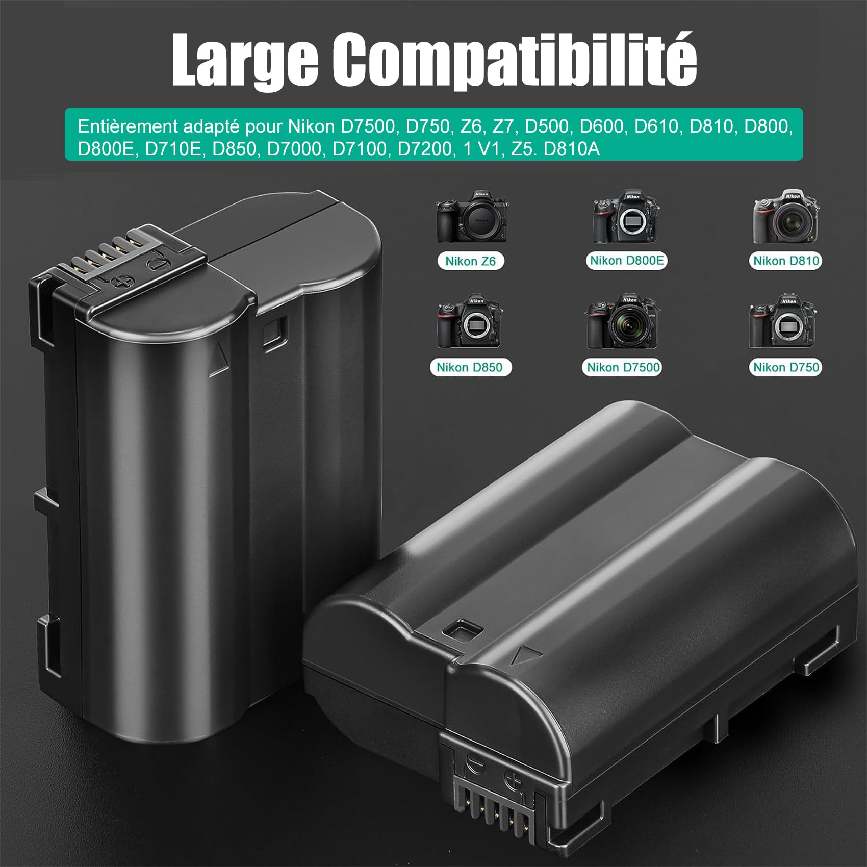JYJZPB 2X EN-EL15C EN-EL15B Batterie et Chargeur de Batterie EN-EL15a pour Nikon D7500, D750, Z6, Z7, D500, D600, D610, D810, D800, D800E, D710E, D850, D7000, D7100, D7200