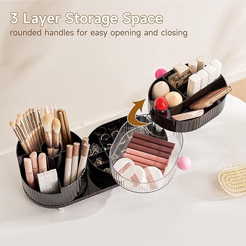 Miniatura 8 de Organizador de maquillaje para tocador con soporte giratorio de 360, almacenamiento de cosméticos y joyas de 3 capas, vitrina de maquillaje para